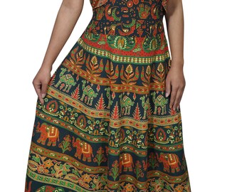 Grace Bohemian Maxi Dress Animals Print Cotton Handloom Gypsy Hippie Summer Sleeveless Ethnic Maxi Dresses M/L