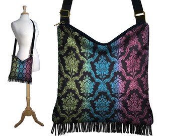 Boho Bag, Hippie Bag, Crossbody Purse, Damask Fabric Handbags, Hobo Purses, Gypsy Fringe Purse, Colorful Medieval Renaissance Clothing RTS