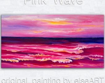 Sale Original abstract painting Sea art Sunset Pink Beach Wave on gallery wrap canvas oil painting home art by tim Lam 48x24