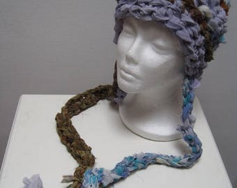 EARLY FALL SALE light blue green multi-colored crocheted hat with tails, made from upcycled chiffon scraps "bluebell"