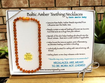 RAW Unpolished Cognac Natural Baltic Amber Teething Necklace. 12.5 inch. Safety-knotted with screw clasp