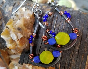 1.5 in. hammered, steel, copper, wire, wrapped, chartreuse, leaf, green, faceted, cobalt, blue, Czech, glass, beads, earrings, ooak, unique