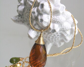Amber Glass Briolette Pendant, 14k Gold Filled Minimalist Necklace with Vesuvianite