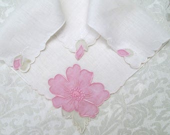 Vintage Madeira Handkerchief Pink White Bridal Wedding Hankie Hand Embroidered Vintage Linens Floral Organdie Organdy Embroidery