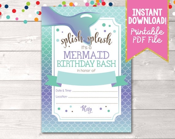 Instant Download Girls Birthday Party Invitation, Printable Mermaid ...