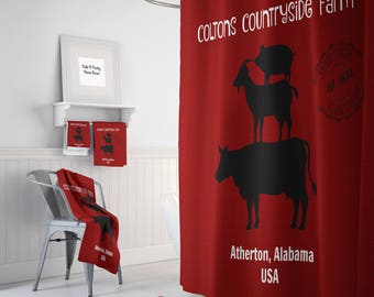 Personalized Farm Shower Curtain Farmhouse Chic Vintage Red , Bath Mat, Bath Towels