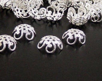 Brass Silver Bead Cap 100 Flower Filigree Shiny Bright Victorian Bendable Fancy 11mm (1050cap11s1)