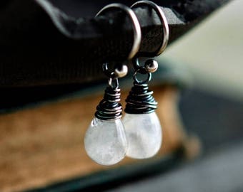 Moonstone Earrings, Drop Earrings, Wire Wrapped, Dangle Earrings, Moonstone Jewelry, Sterling Silver, Galaxy, PoleStar, Oxidized
