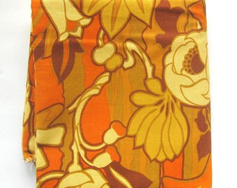 Vintage 1960s MOD FLORAL Upholstery Fabric - Orange Gold Browns / Woodco Screen Print VAT Colors
