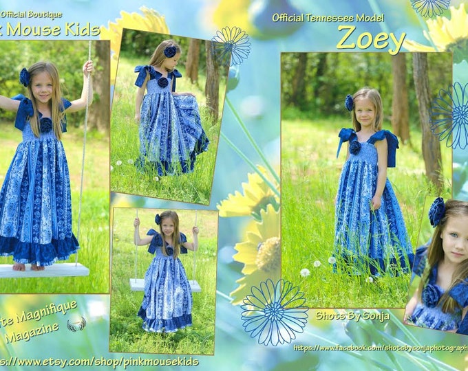 Blue Damask Dress for Baby Girls, Toddlers, Teens - Birthday Outfit - Kimono Style - Long and Short Sleeves - Handmade - 12 mos to 14 yrs