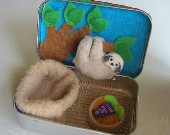 Tiny Sloth Baby felt stuffed animal Altoid tin play set with hanging tree snuggle bag and food - Rain forest animal with bendable legs