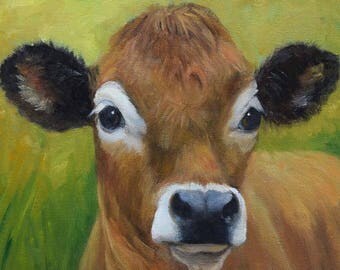 Small Cow Painting Farm Animal Portrait,Original Oil On Canvas Painting By Cheri Wollenberg