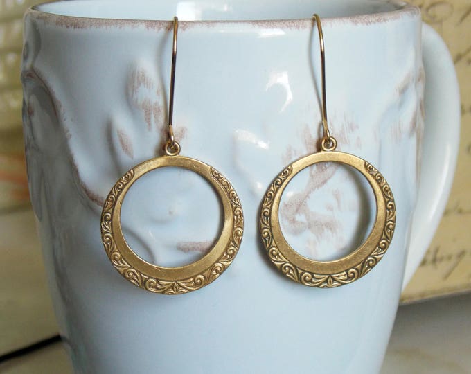 Brass Circle Boho Earrings Gold Brass Earrings Dangle Loops Swirl Textured Metal Hoop Long Simple Minimalist Earrings Brass Jewelry GIft