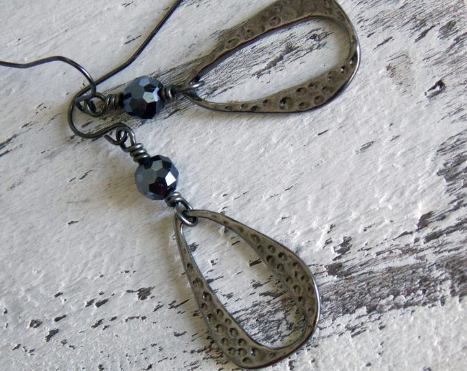 Black Dangle Earrings Gunmetal Boho Black Czech Glass Long Goth Evening Light Earrings Black Gunmetal Jewelry Gift