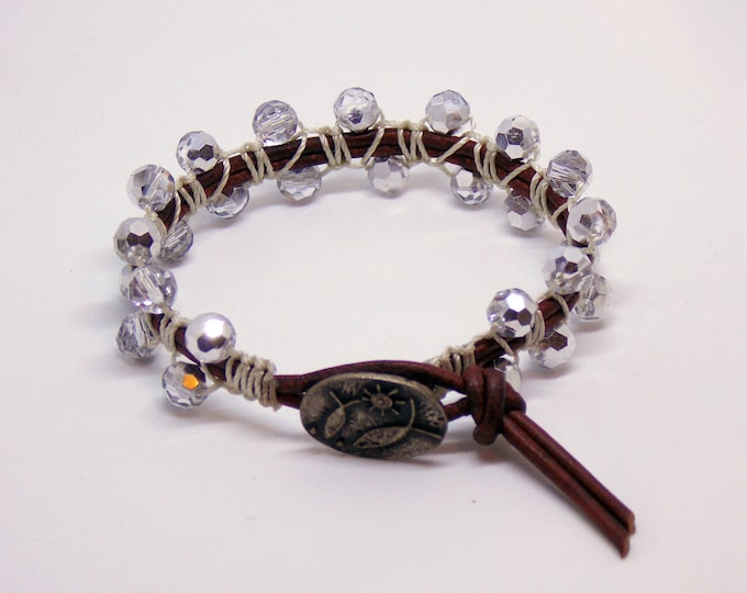 Leather Bracelet Knotted Czech Crystal Beaded Bracelet Rustic Leather Bohemian Bracelet Brown Woodland Glam Boho Wrap Bracelet