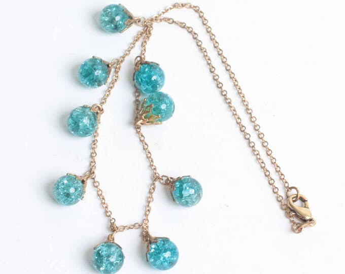 Turquoise Aqua Crackle Glass Bead Necklace Dangles Vintage