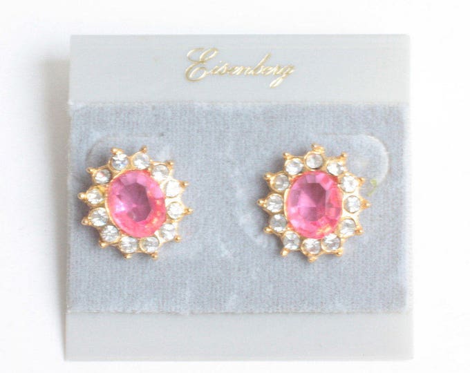 Eisenberg Pink and Clear Rhinestone Earrings Pierced Original Card Faceted Oval Designer