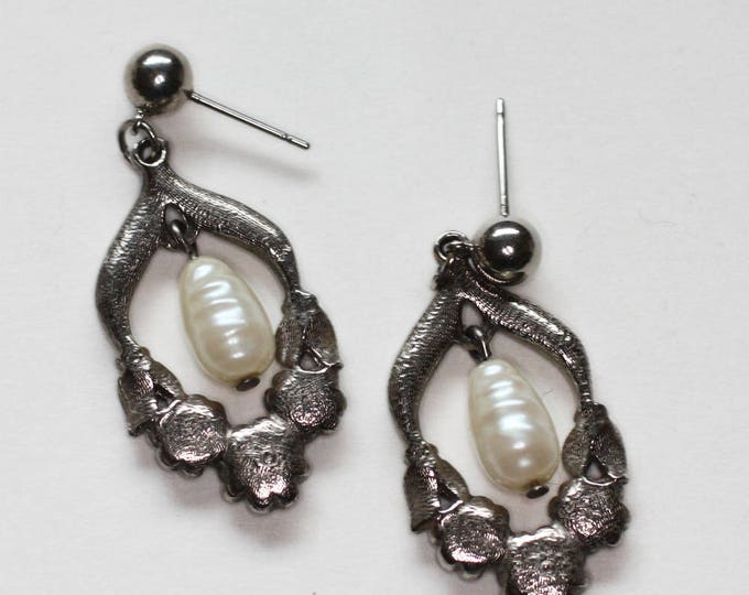 Faux Pearl Dangle Earrings Marcasites Rhinestones Silver Tone Posts Vintage Victorian Revival
