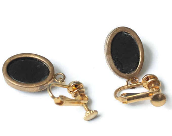 Gold and Black Cameo Earrings Dangle Adjustable Clip Vintage