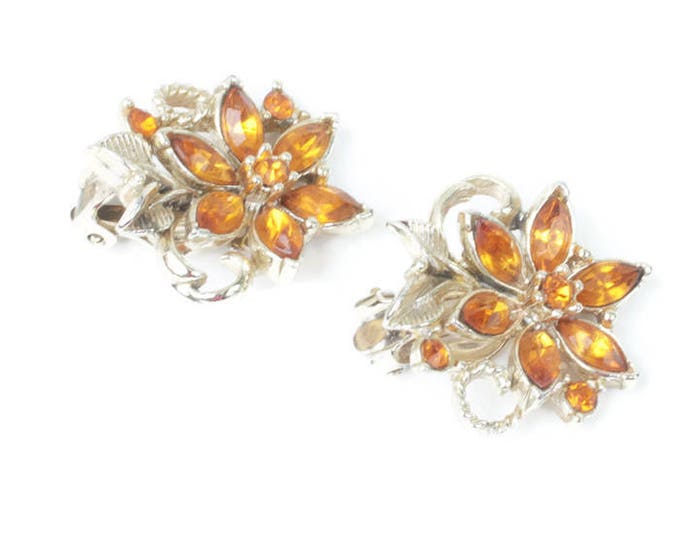 Topaz Amber Rhinestone Earrings Floral Design Clip On Style Vintage