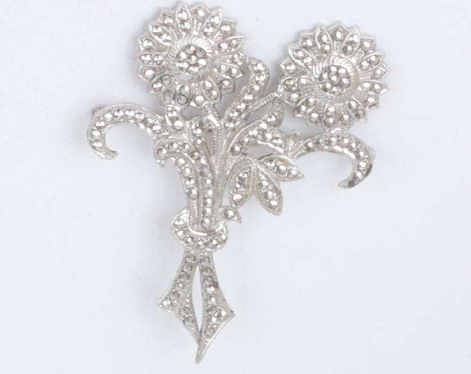 Marcasite Sterling Flower Brooch Double Blossoms Vintage