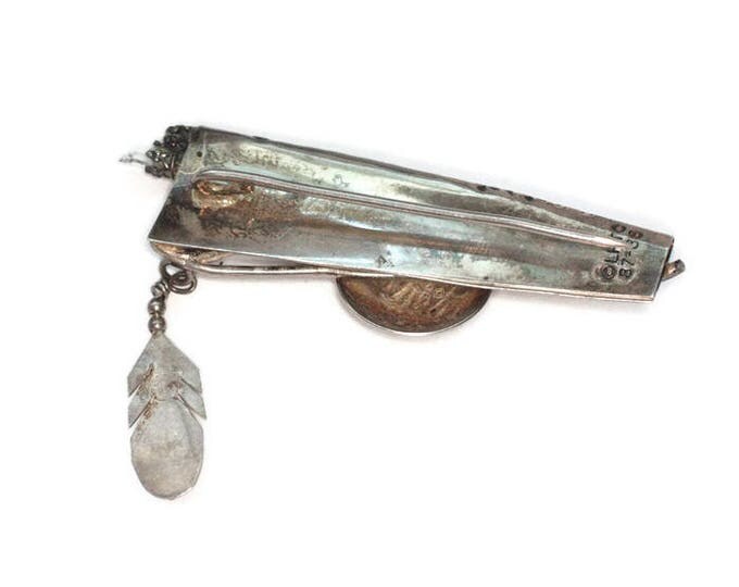 Native American Sterling Brooch Hunting Bow and Quiver of Arrows Symbols Stars Feather Vintage