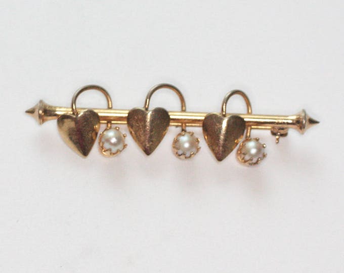 Cultured Pearl and Hearts Bar Pin Victorian Revival Vintage