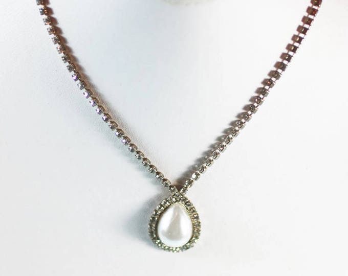 Clear Rhinestone Choker Necklace Faux Pearl Drop Vintage