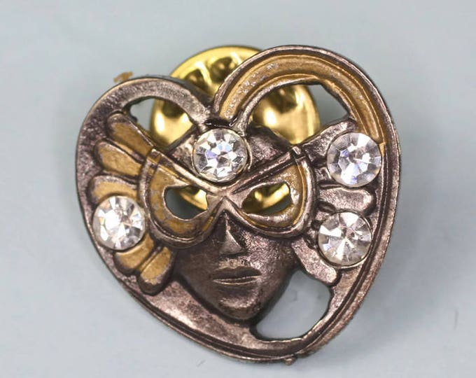 Face Mask Pin Mardi Gras Heart Shape Crystals Tac Back Vintage