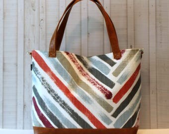 Scarlet Stripe with Vegan Leather -Tote Bag / Diaper Bag - Medium / Large Bag