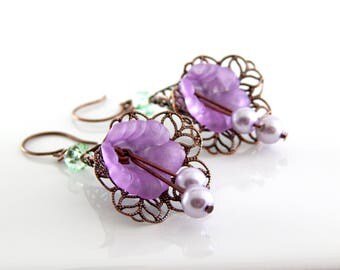 Purple Lucite Flower Earrings ~ Copper Lace Earrings ~ AdoniaJewelry