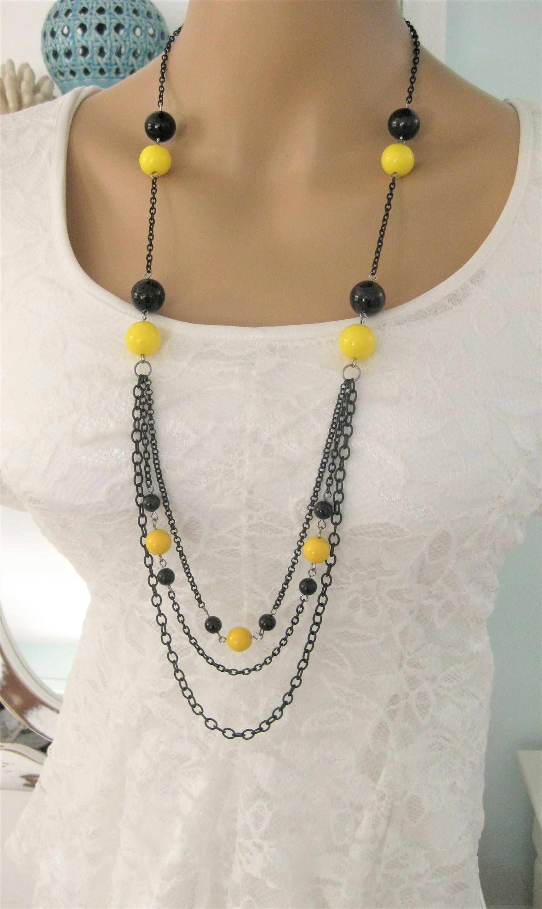 Long Black Beaded Necklace Yellow Beaded Necklace Long Black