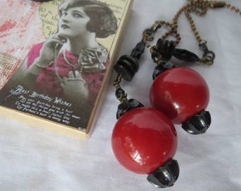 Deocrative Chain Pull Pair with Red and Black Vintage Acrylic Beads and Antiqued Brass Accents