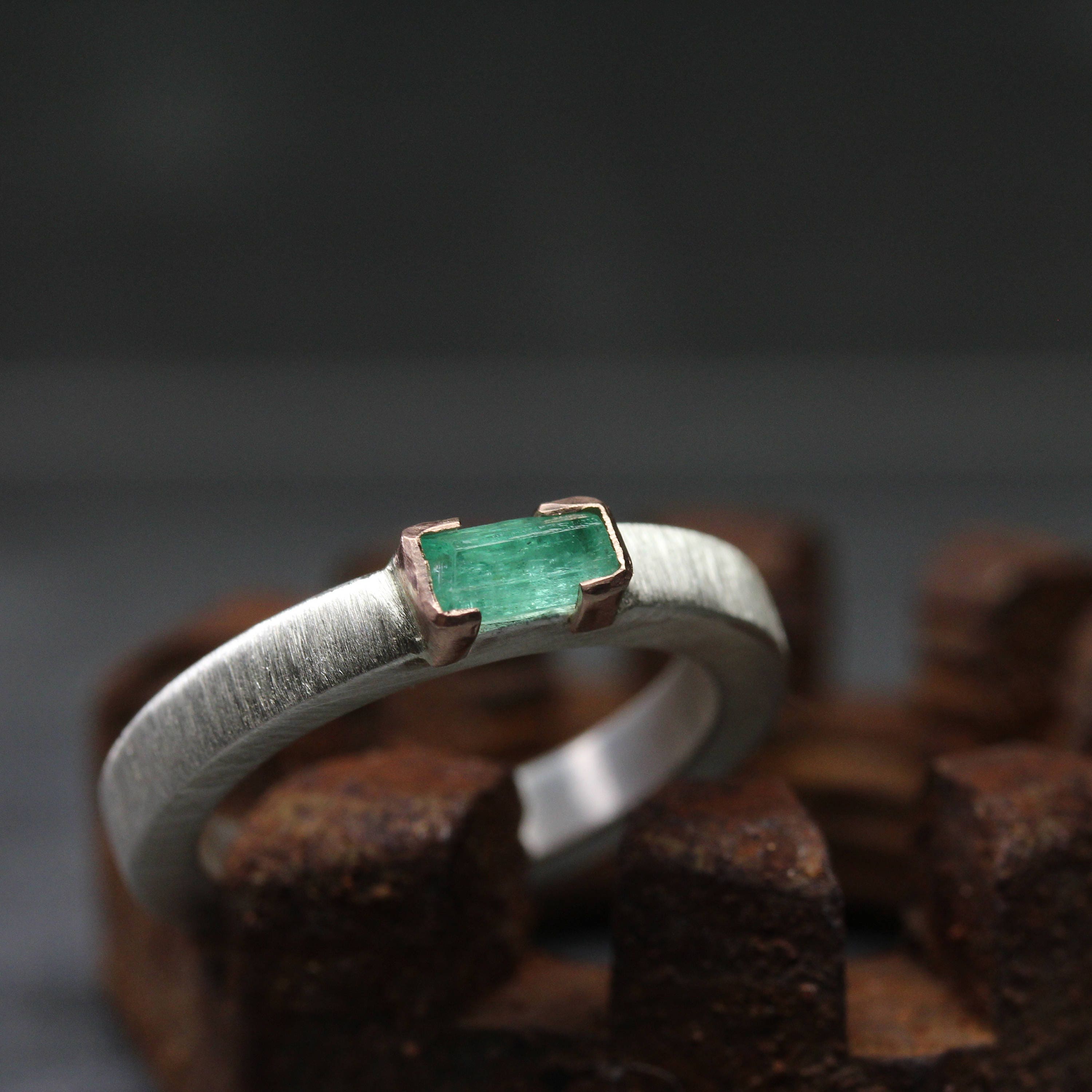 Raw Genuine Emerald Wedding Band Silver 14K Rose Gold Ring