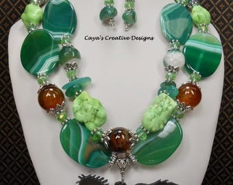 Western Necklace Set - Cowgirl Necklace Set - Green Statement Necklace - Horse Pendant Necklace - Chunky Western Jewelry- Boho - GREEN BROKE
