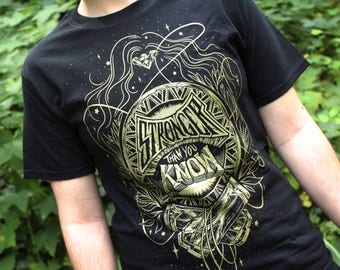 Wonder Woman Shirt, Stronger Than You Know, Hand Screen Printed, Gold and Black