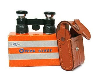 Vintage Opera Glasses - Black Theater Binoculars - Steampunk Optics - New Old Stock Men's Theatre Glasses in Leather Carrying Case