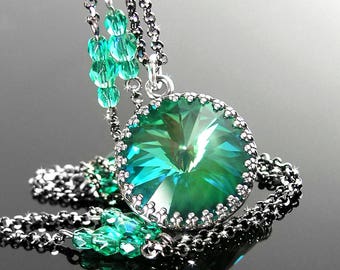 Mystic Emerald Green Necklace, RARE Swarovski Green Crystal Necklace, Sterling Silver, Emerald Pendant Necklace, Emerald Crystal Jewelry