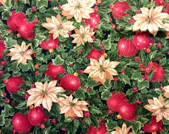 2004 VIP Cranston Christmas Fabric, Poinsettia Fabric, Holiday Ornaments Fabric, Poinsettia Material, Christmas Material, Holiday Material