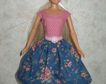 Handmade Barbie clothes - pink and blue print dress