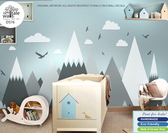 Large Mountains Wall Decal for Nursery, Kid room. High quality removable sticker - eagles, pine trees, clouds. Adventure decal d576