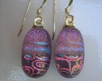 Purple Earrings Dichroic Earrings Purple Pink Swirl Oval Earrings Dichroic Fused Glass Jewelry Pink Dangle Earrings Iridescent Earrings