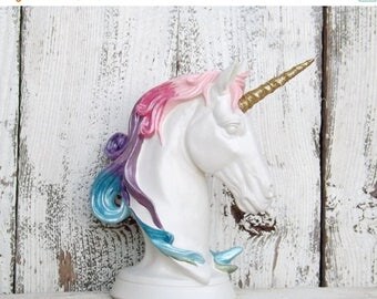 ON SALE White Unicorn with Rainbow Mane ~Unicorn Head ~White Unicorn Bust~Rainbow Unicorn with Gold Staff~Unicorn Party~Unicorn