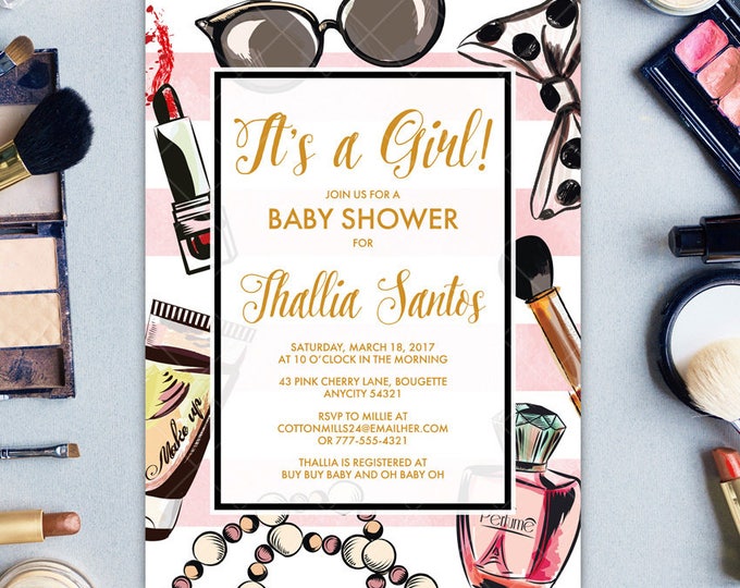 It's a Girl Baby Shower Invitation with MakeUp Tools Cosmetics, Fashion Show Party, Makeover Girly Printable Printable Invitation