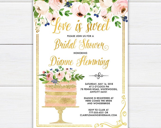 Bridal Shower Cake Invitation, Love is Sweet, Sweet Dainty Blush Pink and Gold Glitter Floral and Cake Bridal Shower Party Invitation