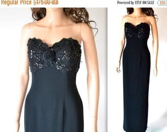 SALE 50% OFF Vintage Black Evening Gown// Black Strapless Sequin Dress By Bizar// 90s Vintage Black Beaded Dress Size Medium