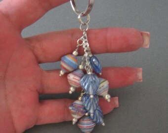 Blue keyring - blue paper bead - big blue bead - Paper bead keychain- blue keychain - blue keyfob - beaded keyring