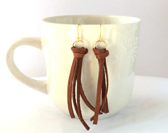 Cognac Brown Leather Tassel Earrings