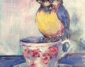 Bluebird and teacup painting mountain bluebird original painting 7 x 5"