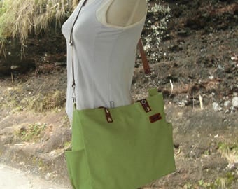 Grass green tote bag with leather name tag, leather strap messenger bag, double - purpose bag for men and women,
